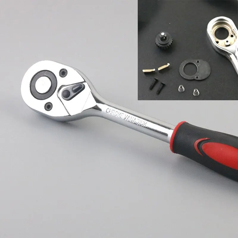 A chrome vanadium ratchet wrench tool with sockets and various repair components is shown against a gray background.