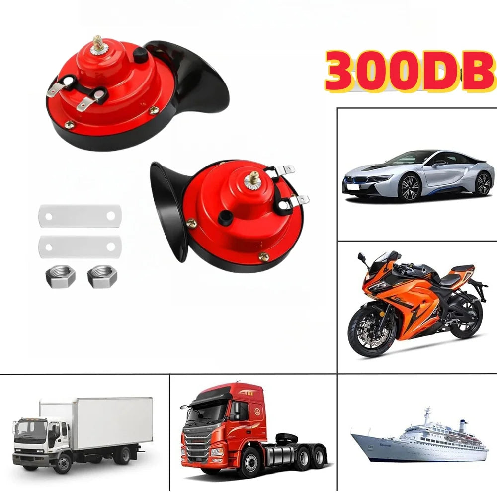 A collection of 12V waterproof electric train horns for various vehicles including cars, trucks, motorcycles, and boats.