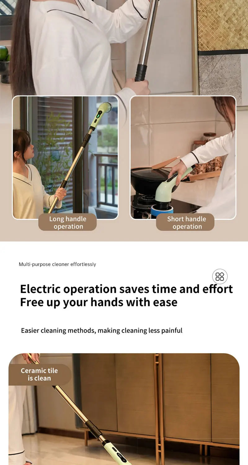 A person is using a long handle and short handle electric spin scrubber for cleaning tasks.