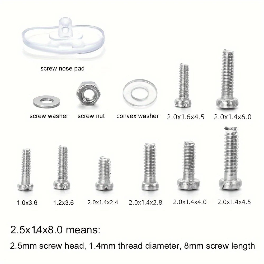 A collection of various screws, washers, and nuts used for glasses repair kits.
