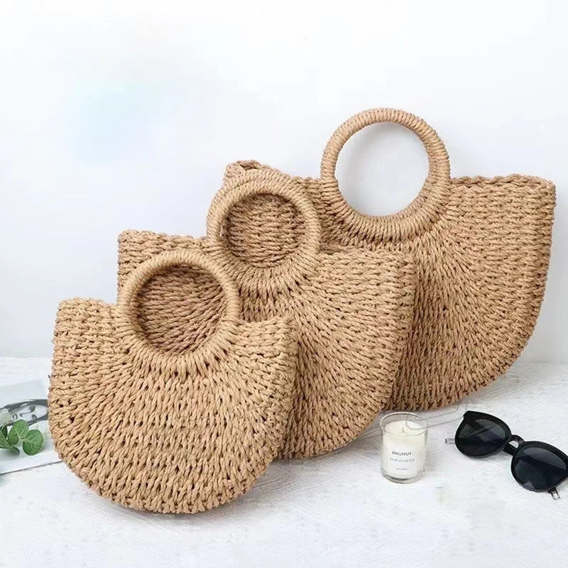 Handwoven Rattan Half-Moon Beach Bag