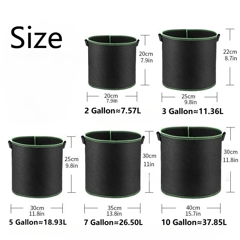 A size chart showing various heavy-duty non-woven fabric grow bags for plants and vegetables with corresponding dimensions in