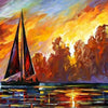 An oil painting depicting a sailboat silhouetted against a vibrant, fiery sunset over the water.
