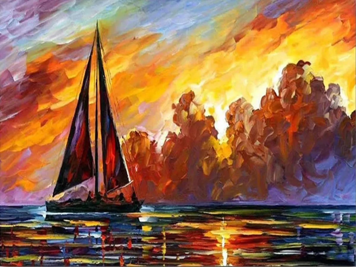 An oil painting depicting a sailboat silhouetted against a vibrant, fiery sunset over the water.
