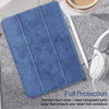 A blue silicone front cover with a hard transparent back cover protecting a tablet from scratches