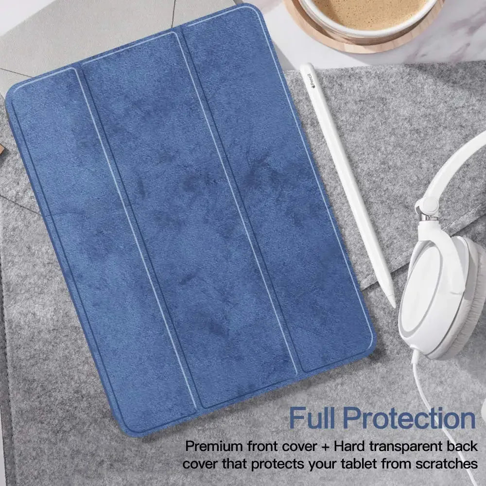 A blue silicone front cover with a hard transparent back cover protecting a tablet from scratches