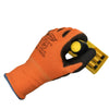 An orange PU-coated work glove is shown gripping a yellow tool handle.
