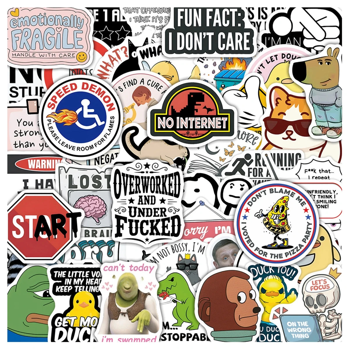 A collage of funny meme stickers featuring various text and cartoon characters.