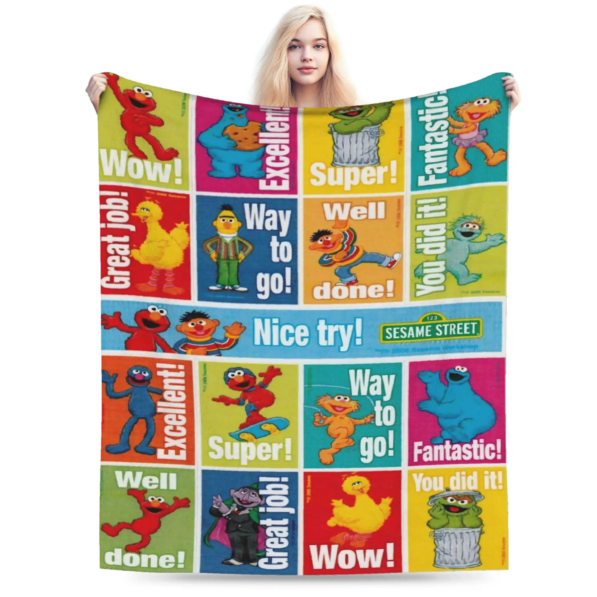 A colorful flannel throw blanket featuring characters from Sesame Street like Elmo and Oscar.
