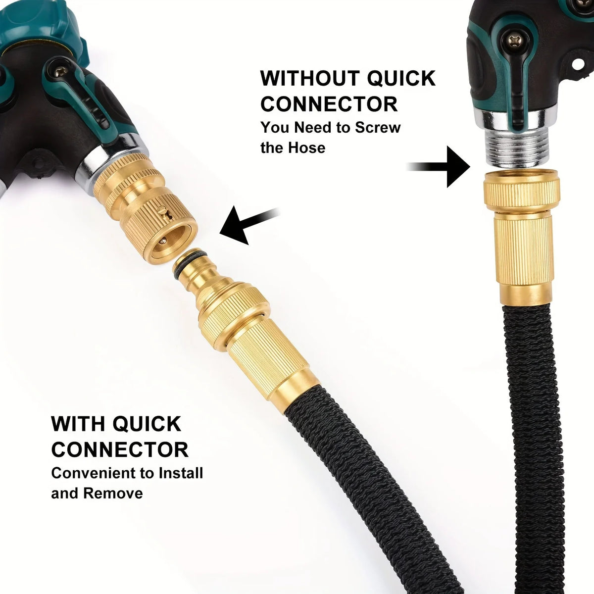 Two solid brass garden hose quick connectors shown with and without a quick connector for installation