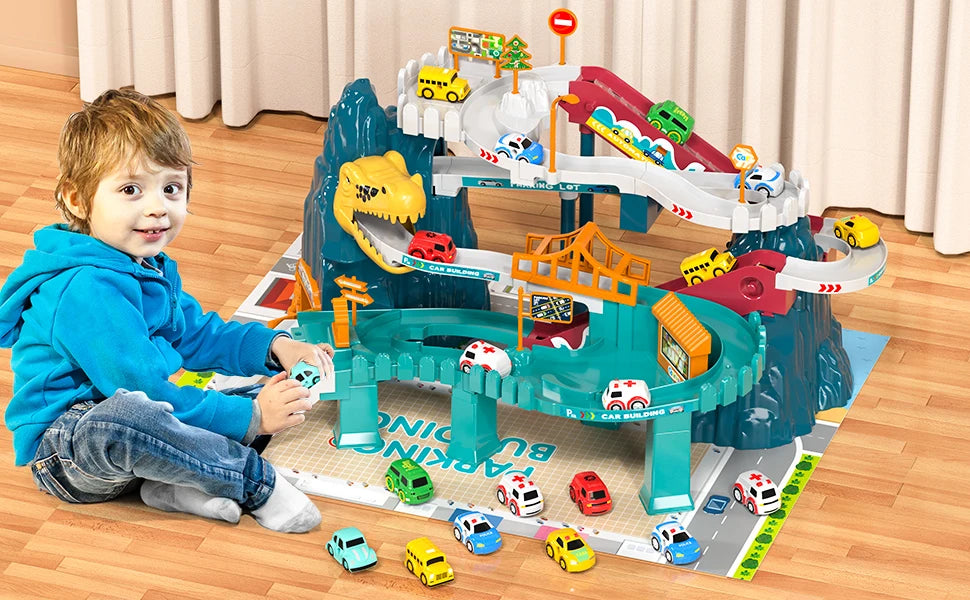 Dinosaur Race Track Playset with Rolling Car Ramp