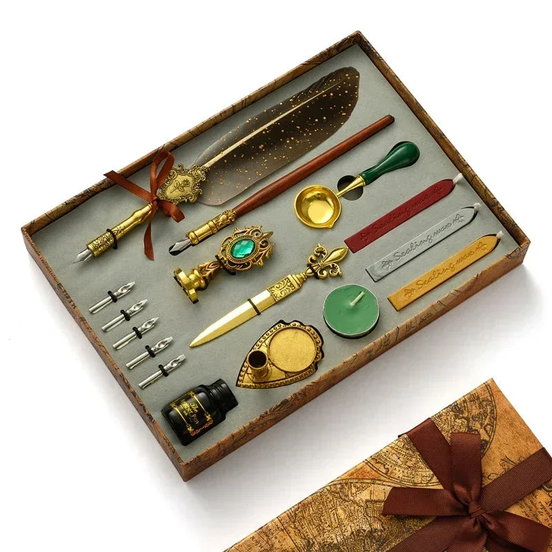 A wooden box contains a vintage calligraphy fountain pen set with various tools including a quill, ink, and wax seal stamp.