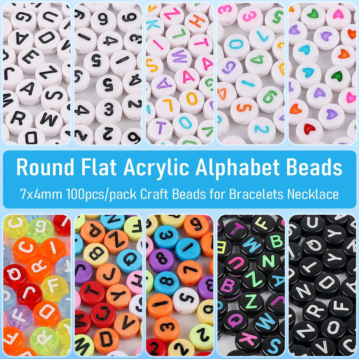 Round flat acrylic alphabet beads in various colors and shapes for craft projects