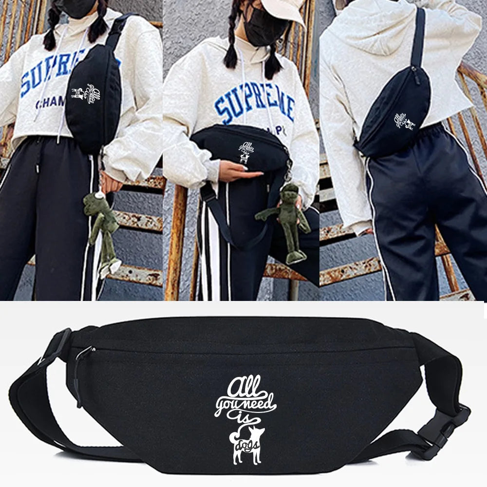 Black linen waist pack featuring a silhouette of a dog, shown against a light background.