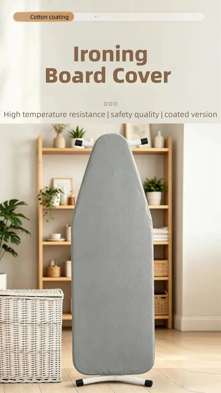 A gray ironing board cover is shown standing upright on a wooden floor, next to a wicker basket.