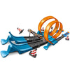 A blue DIY stunt racing car track set featuring orange loops and dual lanes for racing.