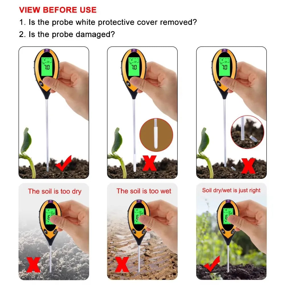 A set of soil testing probes showing various conditions like dry, wet, and light soil with a backlit display.