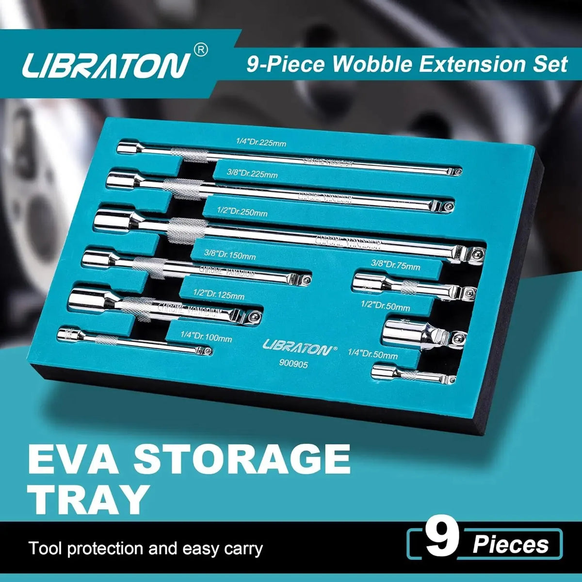 A blue storage tray holds a 9-piece set of metal wobble socket extensions for tools.