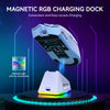 A white gaming mouse is shown charging in a magnetic dock with blue light effects.
