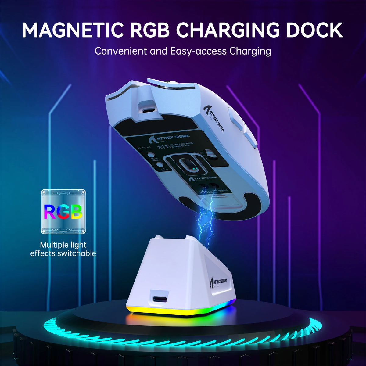 A white gaming mouse is shown charging in a magnetic dock with blue light effects.