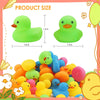 A collection of colorful mini rubber ducks in various shades of yellow, green, and blue.