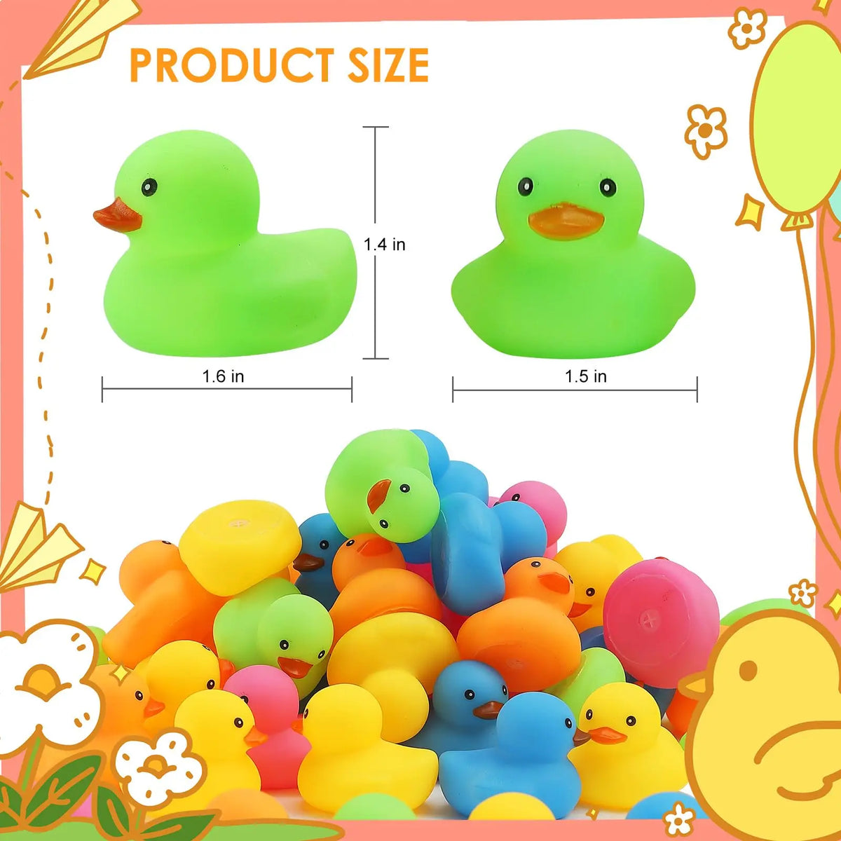 A collection of colorful mini rubber ducks in various shades of yellow, green, and blue.