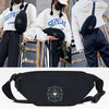 Black linen waist pack featuring an ornate circular design, shown against a neutral background.