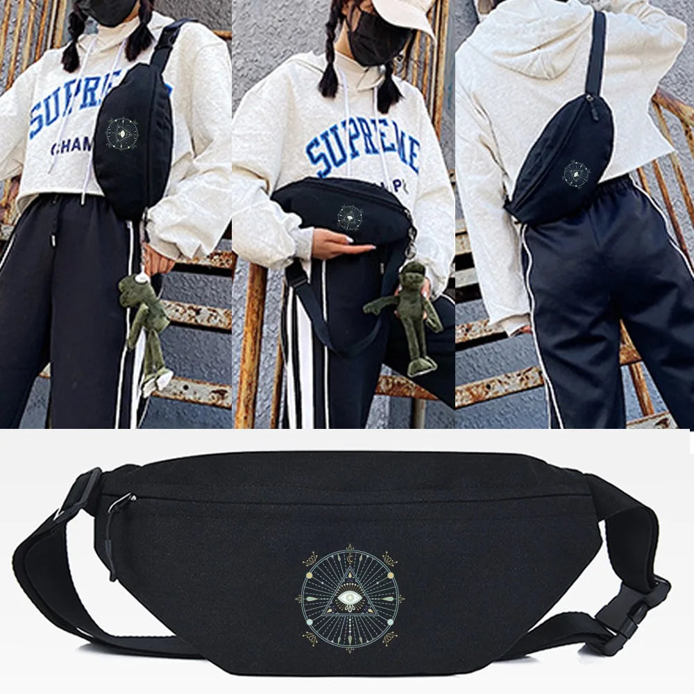 Black linen waist pack featuring an ornate circular design, shown against a neutral background.