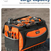 An orange and black heavy-duty tool bag is shown open, revealing various tools inside.