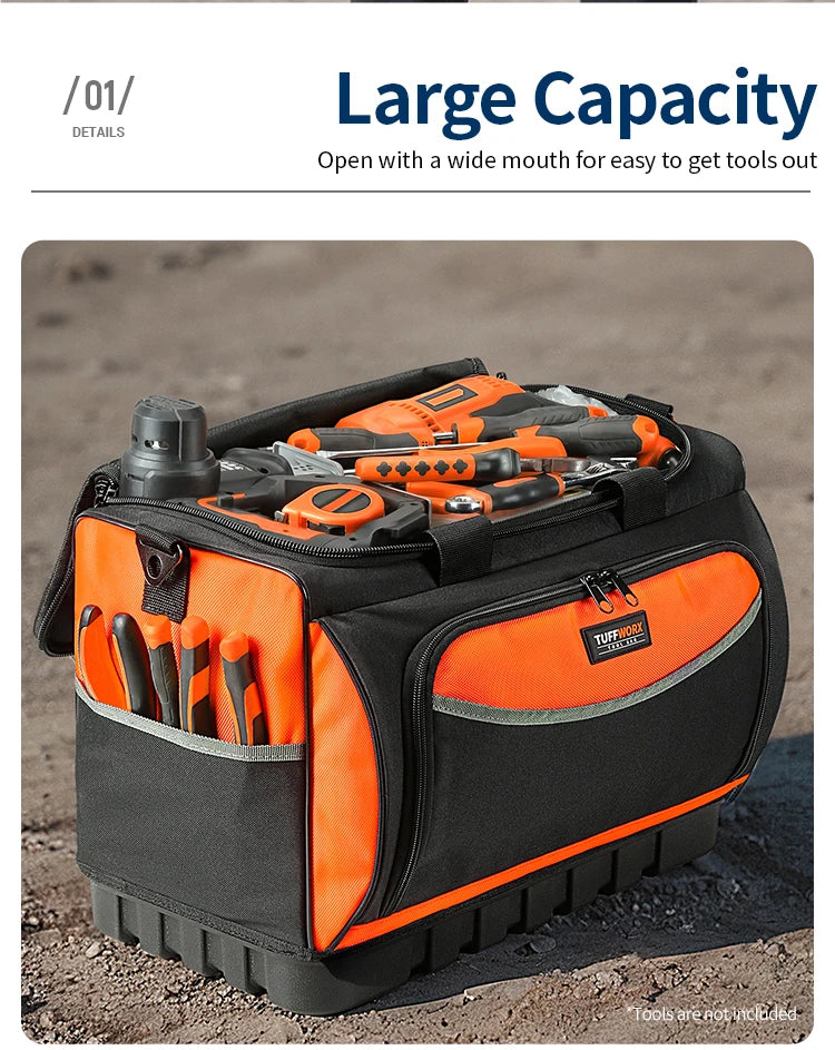 An orange and black heavy-duty tool bag is shown open, revealing various tools inside.