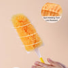 A yellow fluffy duster is shown being used to clean, with close-ups highlighting its features.