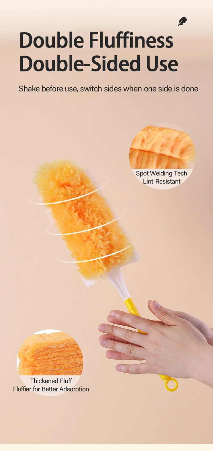 A yellow fluffy duster is shown being used to clean, with close-ups highlighting its features.