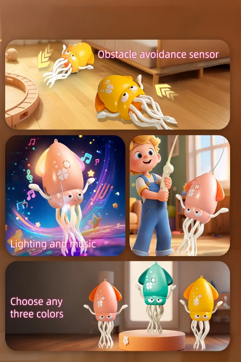 Interactive dancing octopus toy with obstacle avoidance sensor shown in various colors and configurations.