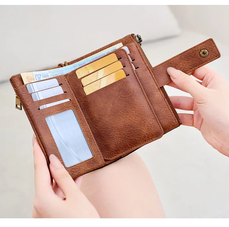 Vintage RFID-Blocking Triple-Fold Wallet with Double Zipper