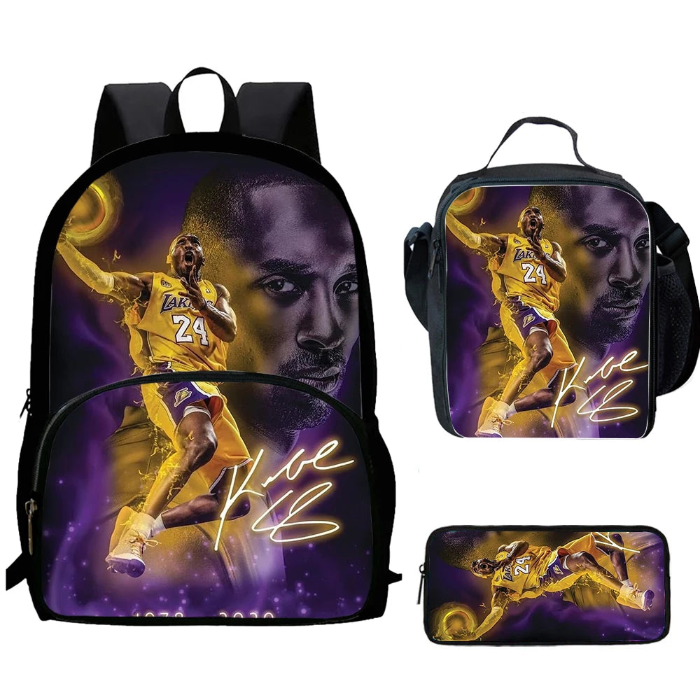A set of black basketball-themed bags including a backpack, lunch bag, and pencil case featuring a basketball player.