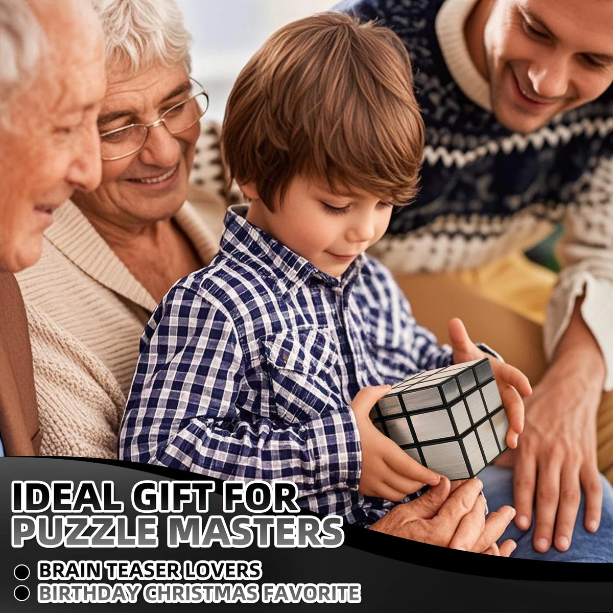 A young boy is interacting with a mirror cube puzzle set, surrounded by older adults.