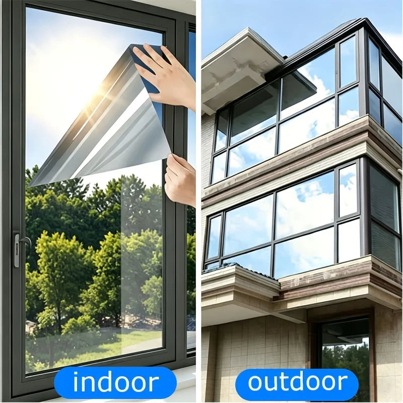A close-up view of a clear window pane with frosted privacy film being applied to the glass.