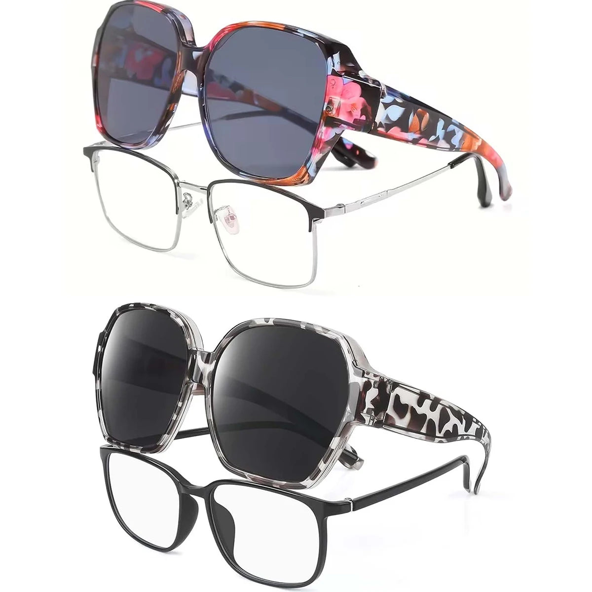 Un par de gafas de sol cuadradas con patrón floral multicolor y lentes oscuros.