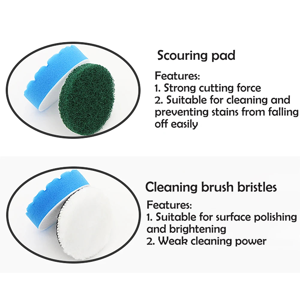 Set of cleaning brush heads including a scouring pad and a polishing brush bristles