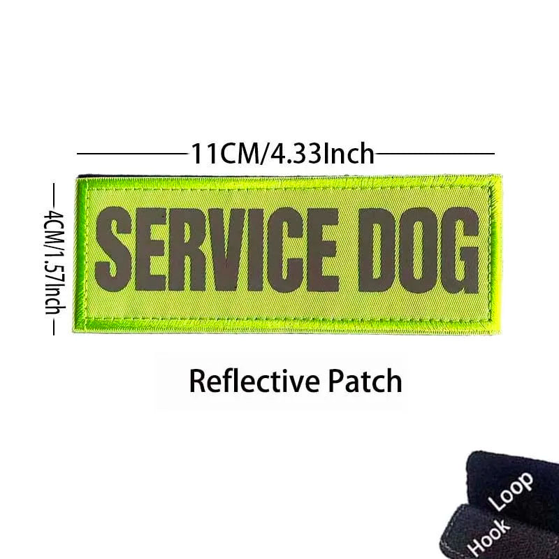Lime green service dog patch embroidered with the text SERVICE DOG and reflective details