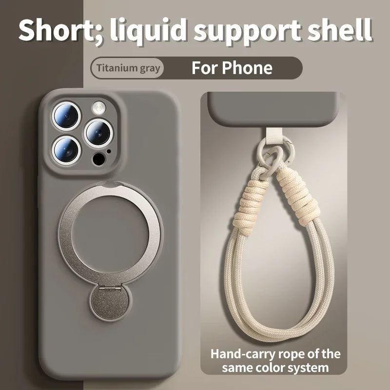 Titanium gray phone case with a magnetic ring and hand-carry rope for iPhone