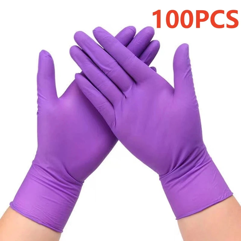 A pair of purple nitrile disposable gloves shown with fingers interlocked, indicating a pack of 100 pieces.