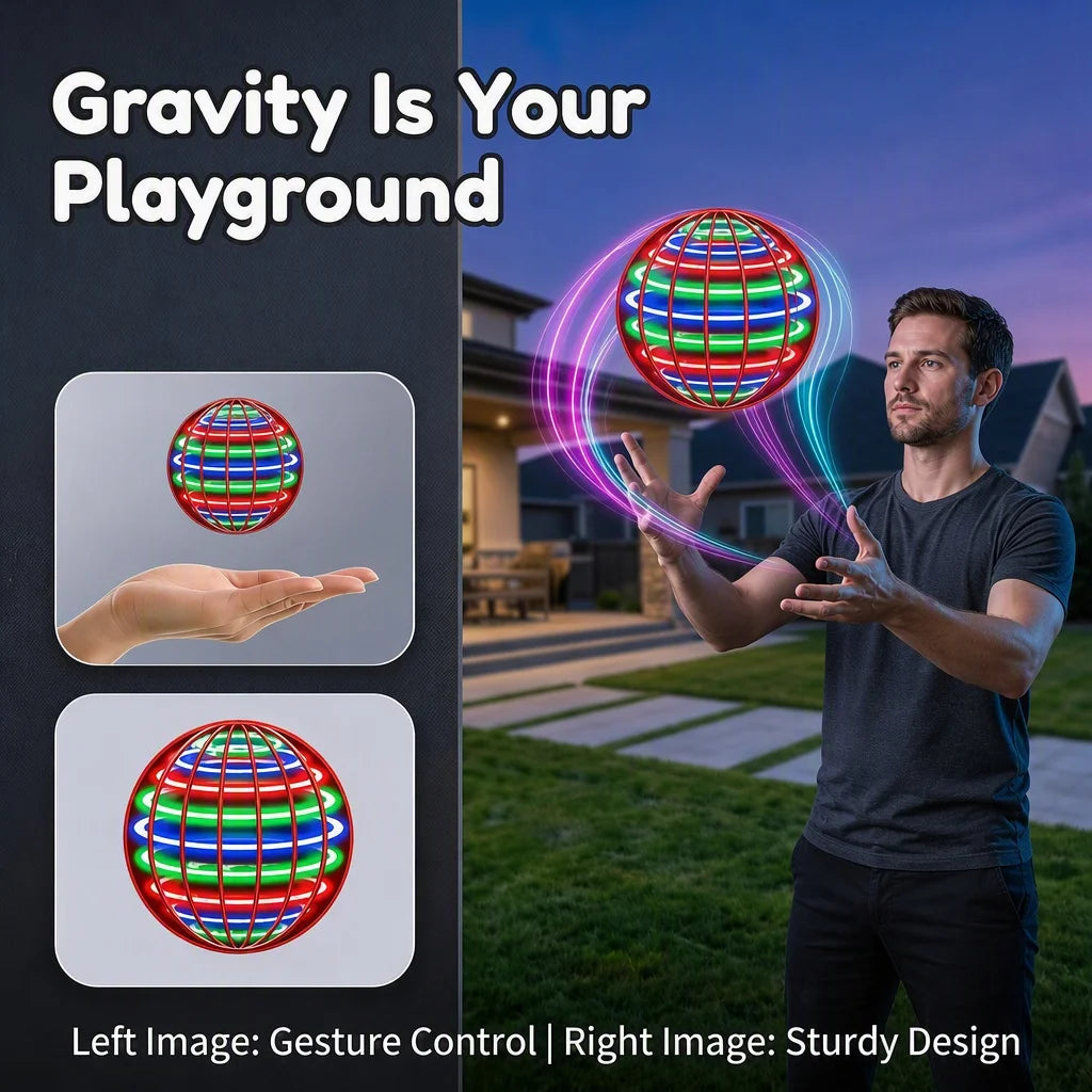 A man demonstrates a gravity control gesture with a glowing flying orb, illustrating sturdy design.
