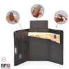 A dark brown RFID-blocking pop-up leather card holder wallet shown with close-ups of cards being inserted.