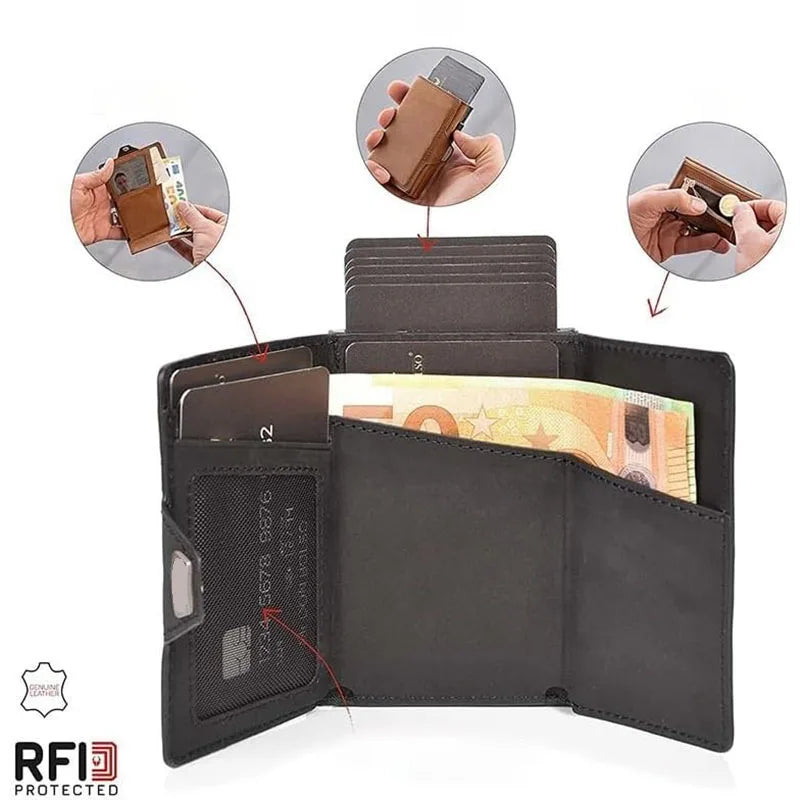 A dark brown RFID-blocking pop-up leather card holder wallet shown with close-ups of cards being inserted.