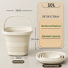 A white collapsible portable bucket shown in its deployed state and folded flat for storage.