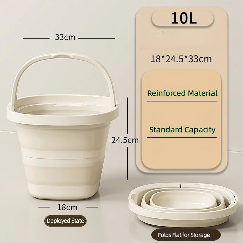 A white collapsible portable bucket shown in its deployed state and folded flat for storage.