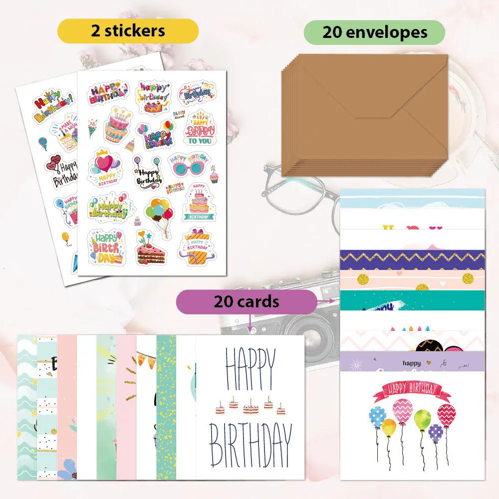 Set of 20 Happy Birthday Cards with Envelopes and Stickers