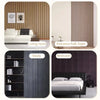 Interior design featuring self-adhesive wood grain wall panels used as accent walls in living room, foyer, study, and bedroom