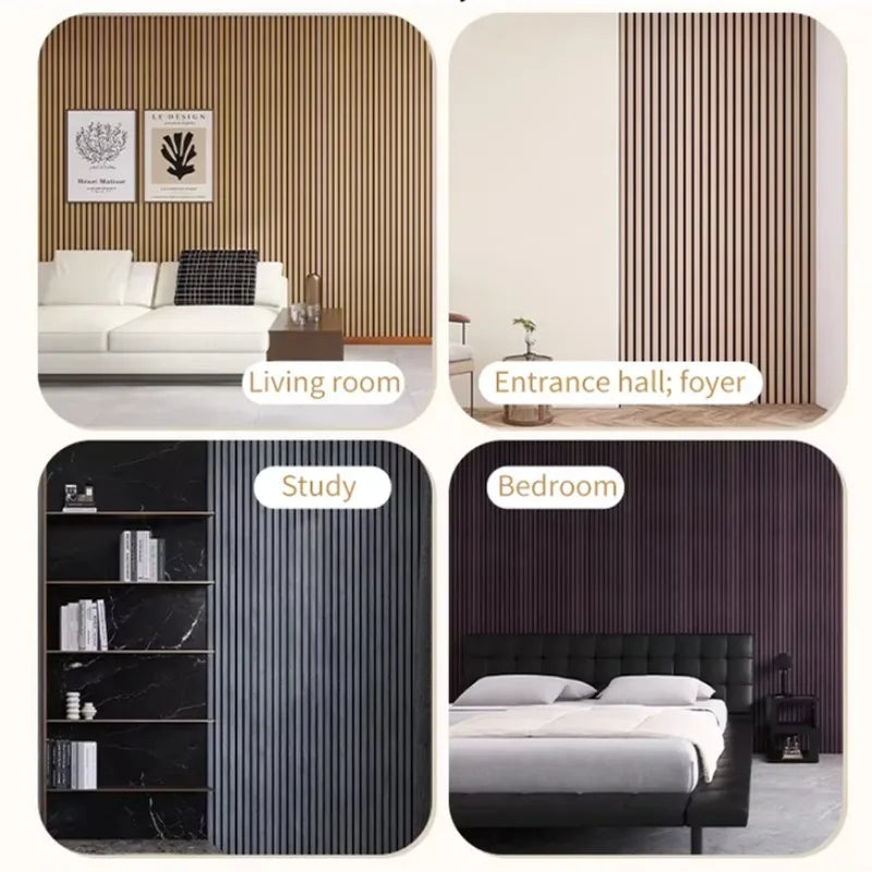 Interior design featuring self-adhesive wood grain wall panels used as accent walls in living room, foyer, study, and bedroom
